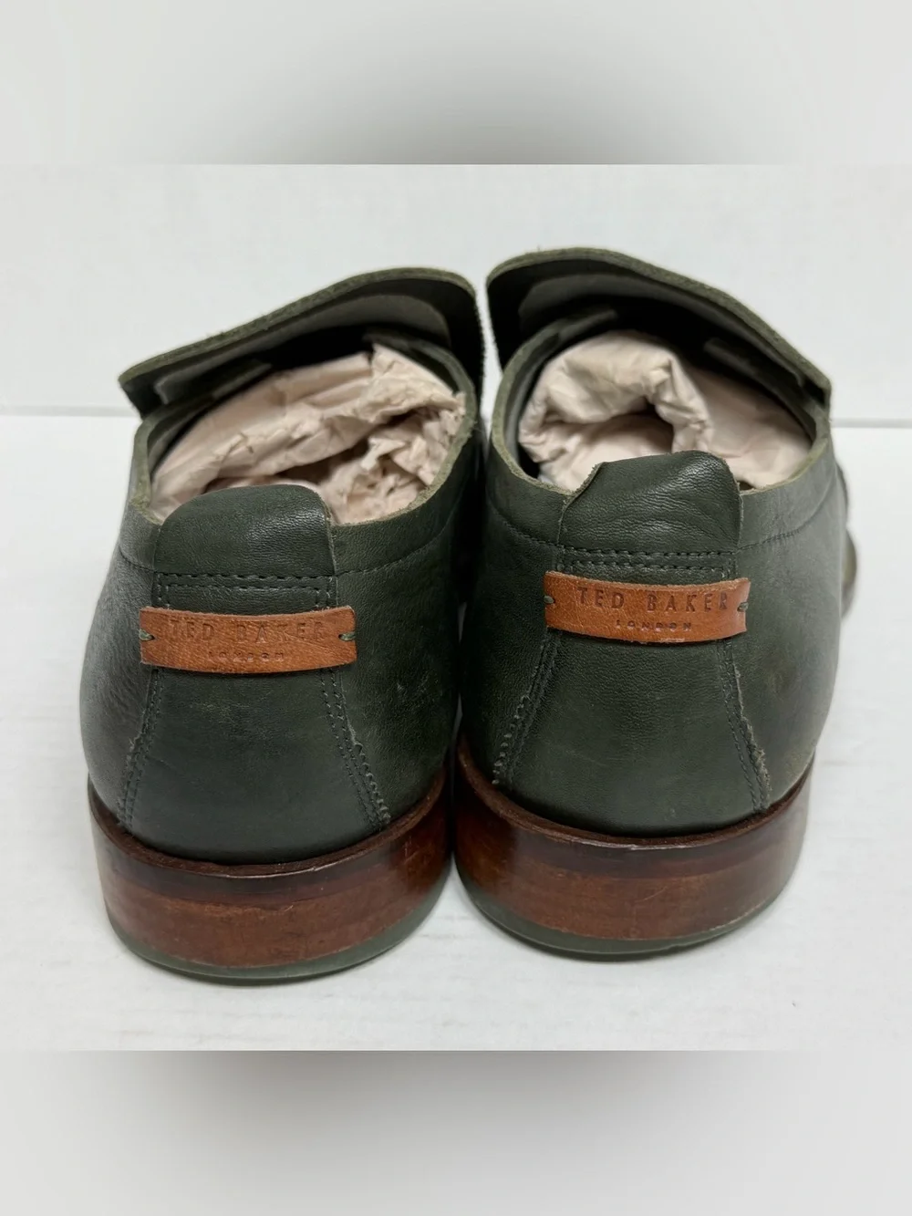 Ted Baker London Men's Leather Slip-Ons Olive Green Loafer Dress Shoes, Size 13